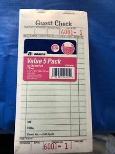 Adams Guest Check Pads, 5 Pack, Perforated, White, 3-2/5&#034; X 6-3/4&#034;, 525SWMT