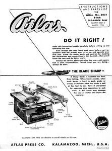 1954 Atlas No. 3021 8&#034; Tilt Arbor Saw - Instructions Parts List Instructions CD