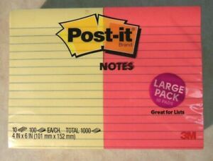 Post-It Notes, 4 x 6 inches Lined 10 Pads 1000ct / YELLOW PINK GREEN ORANGE BLUE