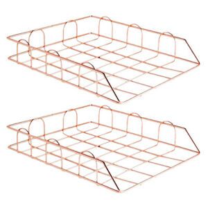 Pack 2 Desktop Metal Stackable Letter Trays File Rack Holder Rose Gold