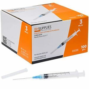 3ml Syringe Sterile with 23G, 1&#034; - 100 Pack by BH Supplies - Individually Sealed