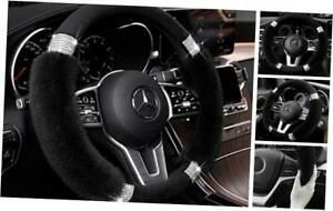 Fluffy Steering Wheel Cover for Women, Universal Rhinestone Black and Black