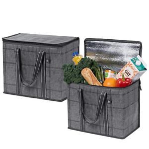 2 Pack Insulated Reusable Grocery Bag Cardboard Bottom by VENO Large Size Zipper