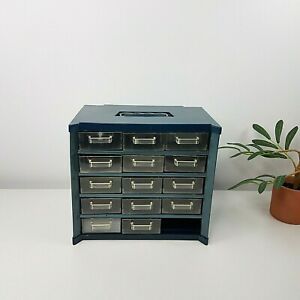 Vintage Blue Metal Hardware Parts Storage Cabinet- 15 Drawer- 9&#034; X 10&#034;