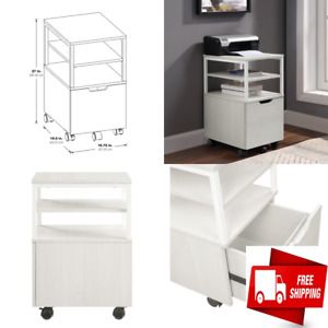 Portable Filing White Cabinet w Drawer Shelves Printer Cart Rolling Stand Office