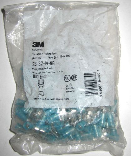 New 3m 94870 nylon insulated locking fork terminal 16-14 awg 1/4&#034; blue 100 pack for sale
