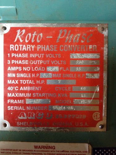 Arco Rotary Phase Converter 1 to 3 phase max total HP 7 max start KVA 13