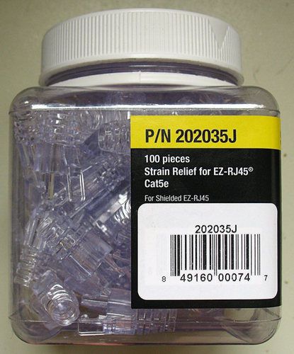 Platinum tools 202035j strain relief for ez-rj45 cat5e connector. 100 pc. jar. for sale