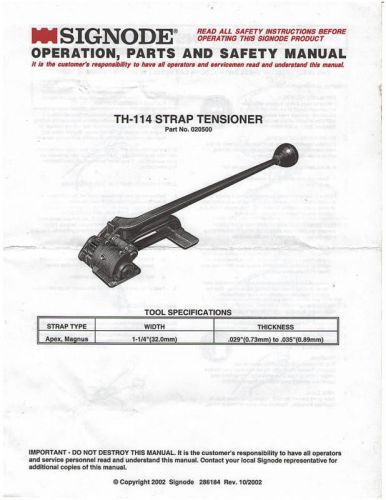 Signode th34-114 operations and parts manual for sale