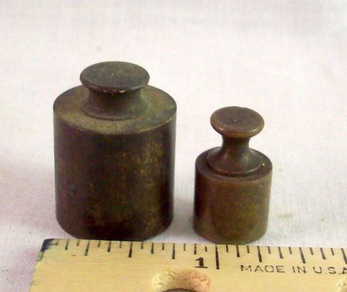 2 Tiny Apothecary Brass Calibration Balance Scale Weights marked 50 &amp; 200