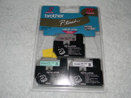 3 pack Brother P-Touch Labeling System M Tape Pink Green Silver 9mm 3/8 PT100 85