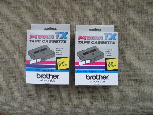 2 NEW Brother P-touch Tape Cassettes TX-6511 Black on Yellow FREE SHIPPING
