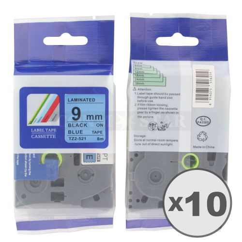 10pk Black on Blue Tape Label Compatible for Brother P-Touch TZ TZe 521 9mm 3/8&#034;