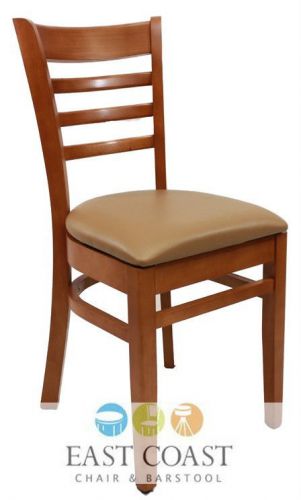 New wooden cherry ladder back restaurant chair with tan vinyl seat for sale
