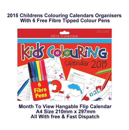 2015 Calendar Calender Kids A4 Colouring Month View Flip Hang 6 Colour Pens