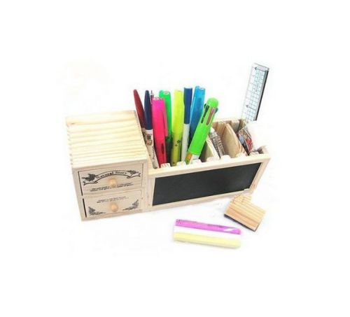 Creative Stationery Wood Pen Case Blackboard Pen Pot Double Drawer Pen Holder