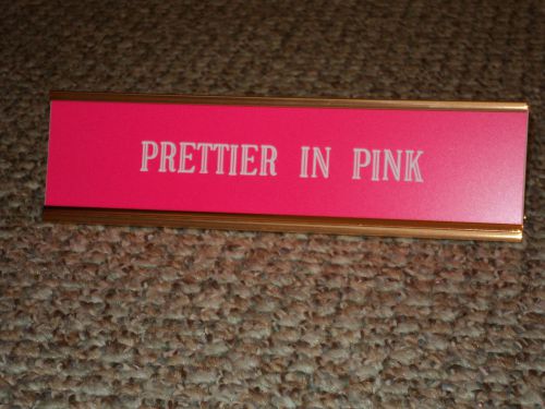 Custom engraved 2&#034; x 8&#034; pink/white sign with gold desk holder - 1 line engraved for sale