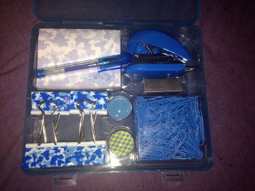 Blue School Supply Kit With Stapler Sticky Notes Paper Clips Pen Paper Clips