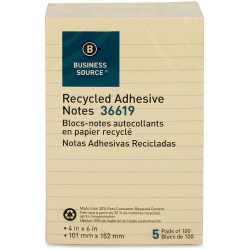 Business Source Adhesive Note - Removable - 4&#034;x6&#034;- Yellow - 5/Pack - BSN36619