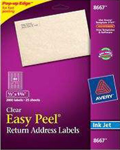 Avery 8667 clear inkjet return address labels with easy peel, 1/2&#034; x 1-3/4&#034; for sale