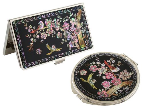 Nacre ume flower  Business  card holder case Makeup compact mirror gift set #01
