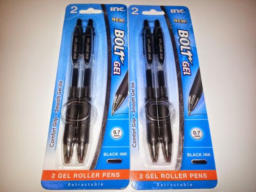 Two (2) packs inc bolt gel 0.7mm comfort grip roller ball retractable black pens for sale