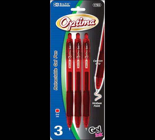 BAZIC Optima Red Retractable Gel Ink Pen w/ Grip (3/Pack), Case of 24