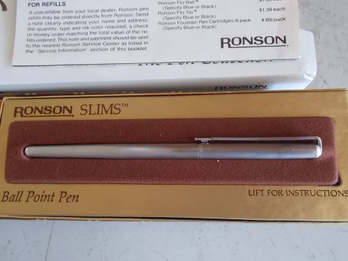 Ronson Ball Point Pen Slims #53201 Brushed SS Chrome Trim/Box NEEDS INK Germany.