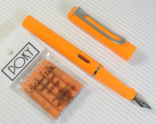 JINHAO 599B Fountain pen ORANGE plastic barrel + 5 POKY cartridges ORANGE ink