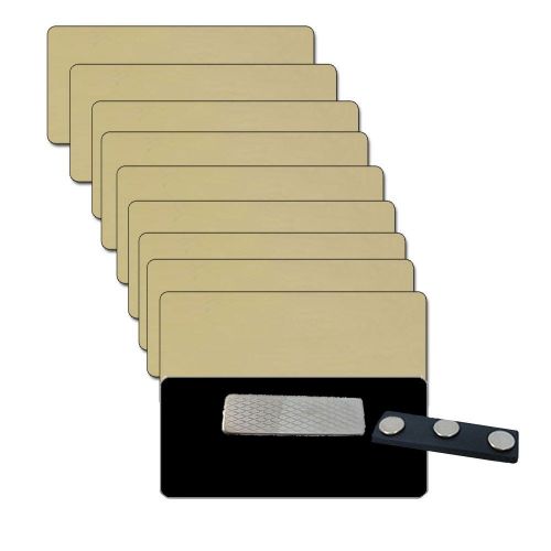 10 BLANK 1 1/2 X 3 GOLD NAME BADGES TAGS 1/8&#034; CORNERS AND MAGNET FASTENERS