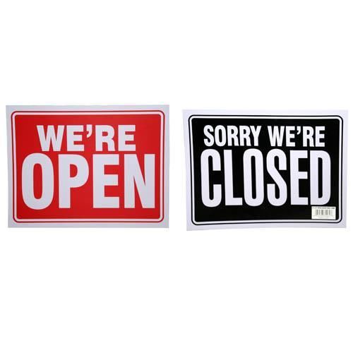WE&#039;RE OPEN SORRY WE&#039;RE CLOSED red &amp; white BLACK 9&#034; x 12&#034; flexible PLASTIC sign
