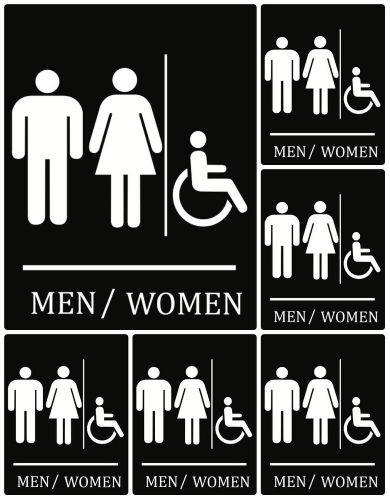 Set of 6 bathroom men / women unisex restroom plastic sign signs wheelchair new for sale
