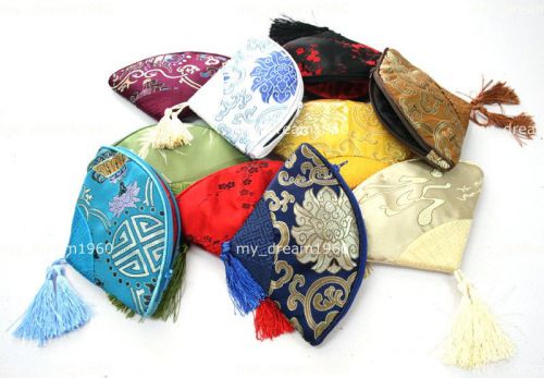Wholesale 10 pcs silk coin purse case makeup bag fan-shaped wallet with tassel for sale
