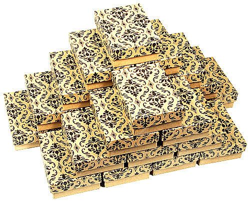 (25) Damask Print Kraft 3 1/4&#034; X 2 1/4&#034; Cotton Filled Jewelry Gift Boxes