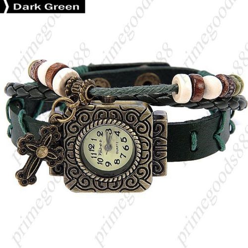 Square Cross PU Leather Analog Quartz Lady Ladies Wristwatch Women&#039;s Dark Green