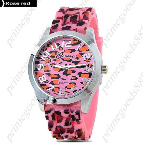 Leopard Round Silica Gel Lady Ladies Wrist Quartz Wristwatch Women&#039;s Rose Red