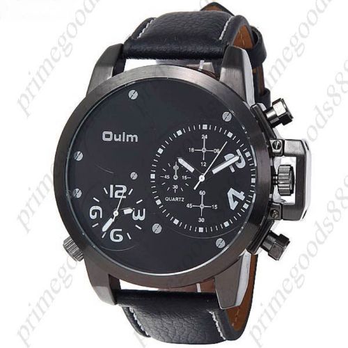 2 Time Zone PU Leather Quartz Wrist Analog Men&#039;s Wristwatch Free Shipping Black