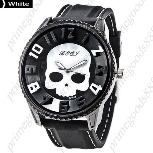 Wide Half Skull Quartz Black Silica Gel Analog Wrist Men&#039;s Wristwatch White