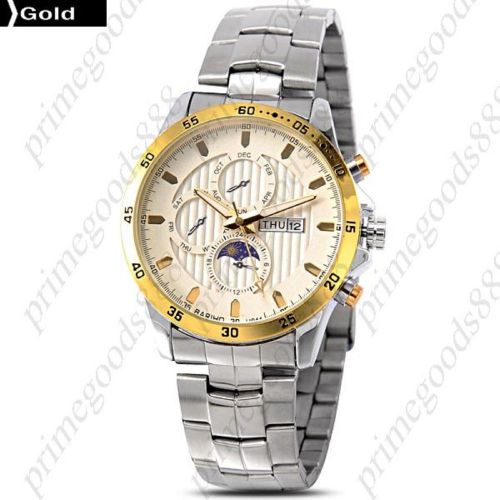Stainless Steel Sub Dials Date Analog Quartz Men&#039;s Wrist Wristwatch Golden Gold