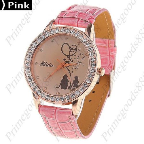Round Synthetic Leather Rhinestones Quartz Wrist Wristwatch Women&#039;s Pink