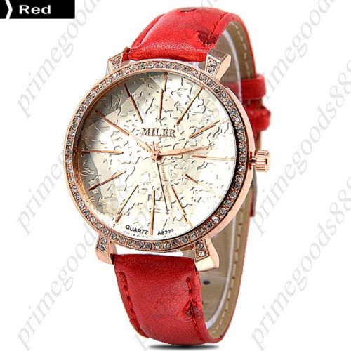 Round Rhinestones PU Leather Quartz Wrist Lady Ladies Wristwatch Women&#039;s Red