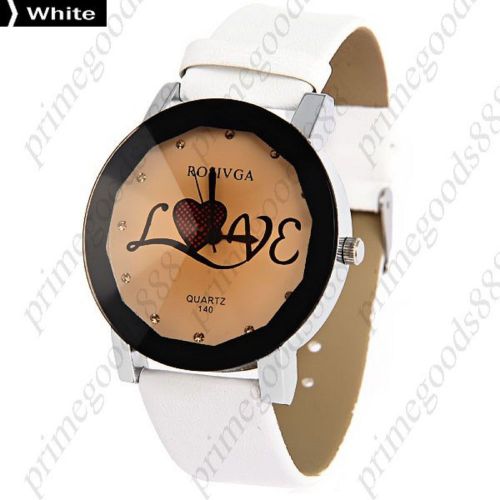 Love Rhinestones PU Leather Lady Ladies Analog Quartz Wristwatch Women&#039;s White