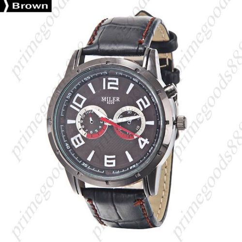 Genuine leather band false sub dials quartz analog men&#039;s wristwatch black brown for sale