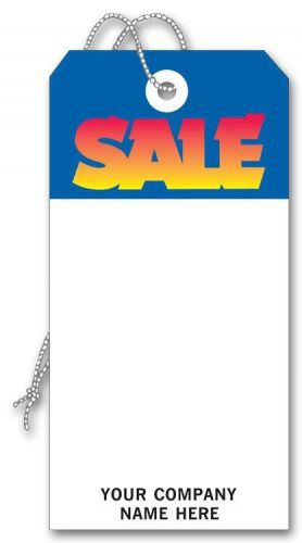 Sale tags pre-strung with imprint blue and white 3 1/8&#034; x 6 1/4&#034; 1,000 per box for sale