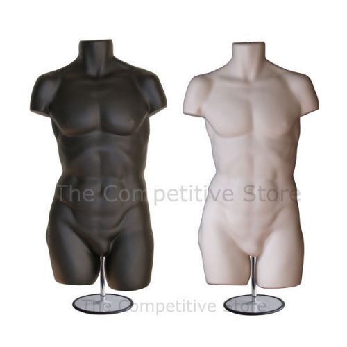 2 super male black + flesh mannequin dress forms with metal base - for s-m sizes for sale