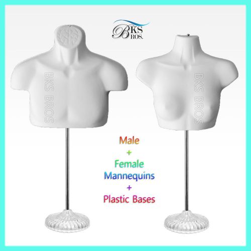 2 pc Mannequins Man + Women Torso (Chest Long) S-M WHITE ACRYLIC Stand Display