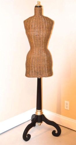 Full Length Wicker Mannequin Dress Form on 3 Legged Wood Stand