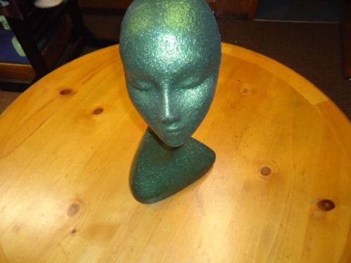 One (1) metallic tm glitter 17.5&#034;h swan neck mannequin head-green for sale