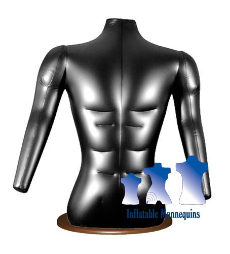 Inflatable Male Torso With Arms, Black And Wood Table Top Stand, Brown