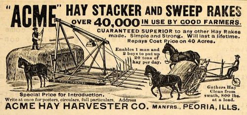 1890 Ad ACME Hay Harvester Stacker Sweep Rakes Horse Plow Agriculture AAG1